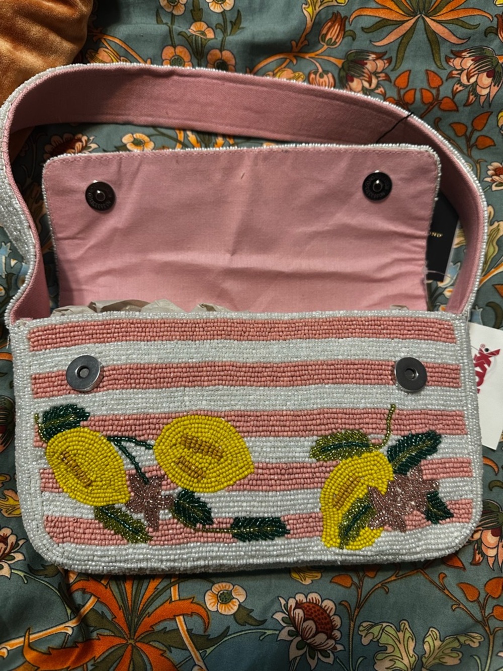 Pink Beaded Lemon Stripe Shoulder Bag